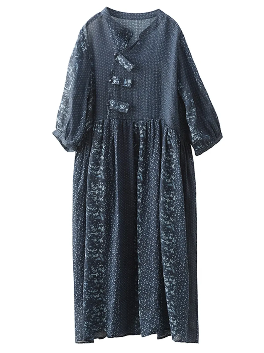 FLYTONN- Women Summer Vintage Floral Spliced Ramie Dress PP1013