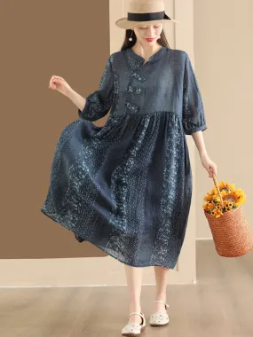 FLYTONN- Women Summer Vintage Floral Spliced Ramie Dress PP1013
