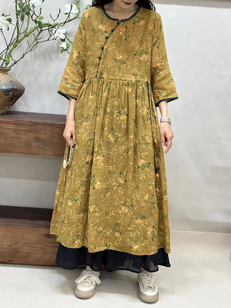 FLYTONN- Women Summer Vintage Floral Spliced Ramie Loose Dress BN1015