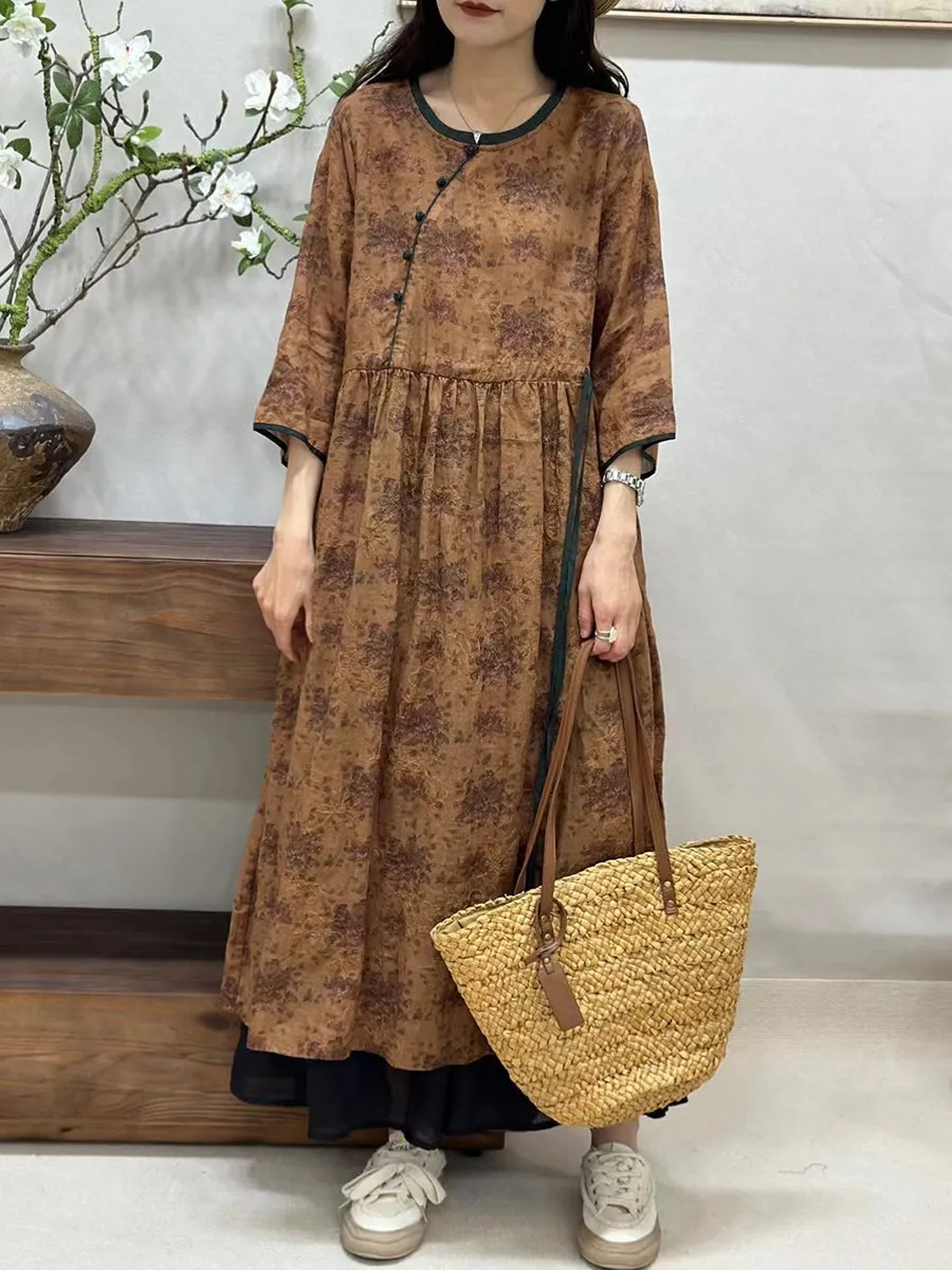 FLYTONN- Women Summer Vintage Floral Spliced Ramie Loose Dress BN1015