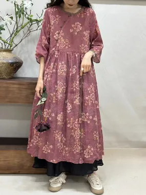 FLYTONN- Women Summer Vintage Floral Spliced Ramie Loose Dress BN1015
