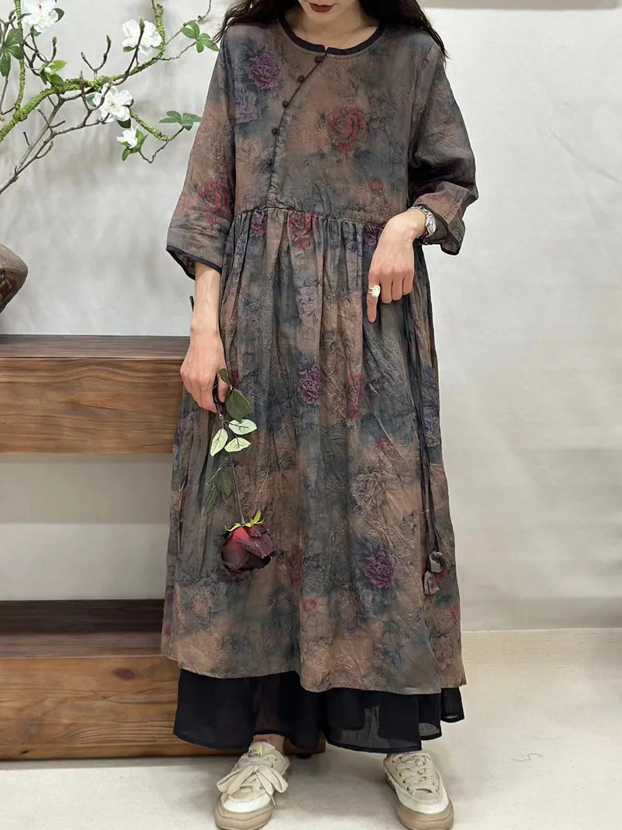 FLYTONN- Women Summer Vintage Floral Spliced Ramie Loose Dress BN1015