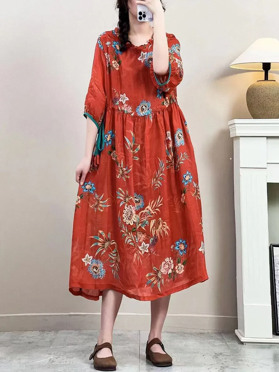FLYTONN- Women Summer Vintage Floral Strap Ramie Dress IO1016