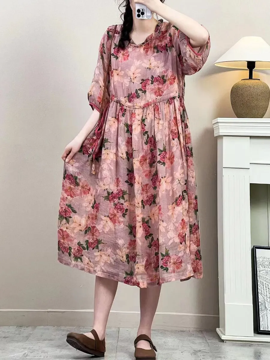 FLYTONN- Women Summer Vintage Floral Strap Ramie Dress IO1016