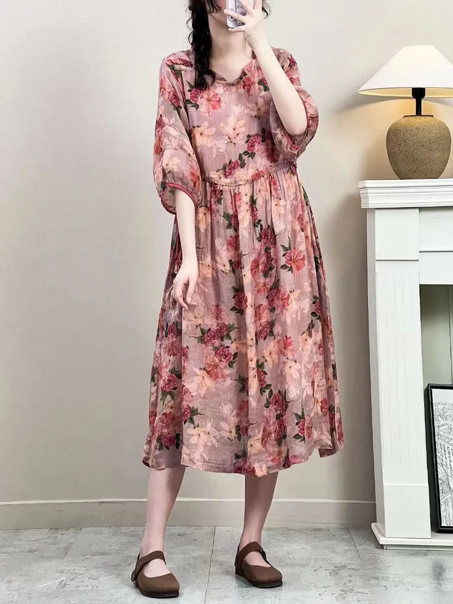 FLYTONN- Women Summer Vintage Floral Strap Ramie Dress IO1016