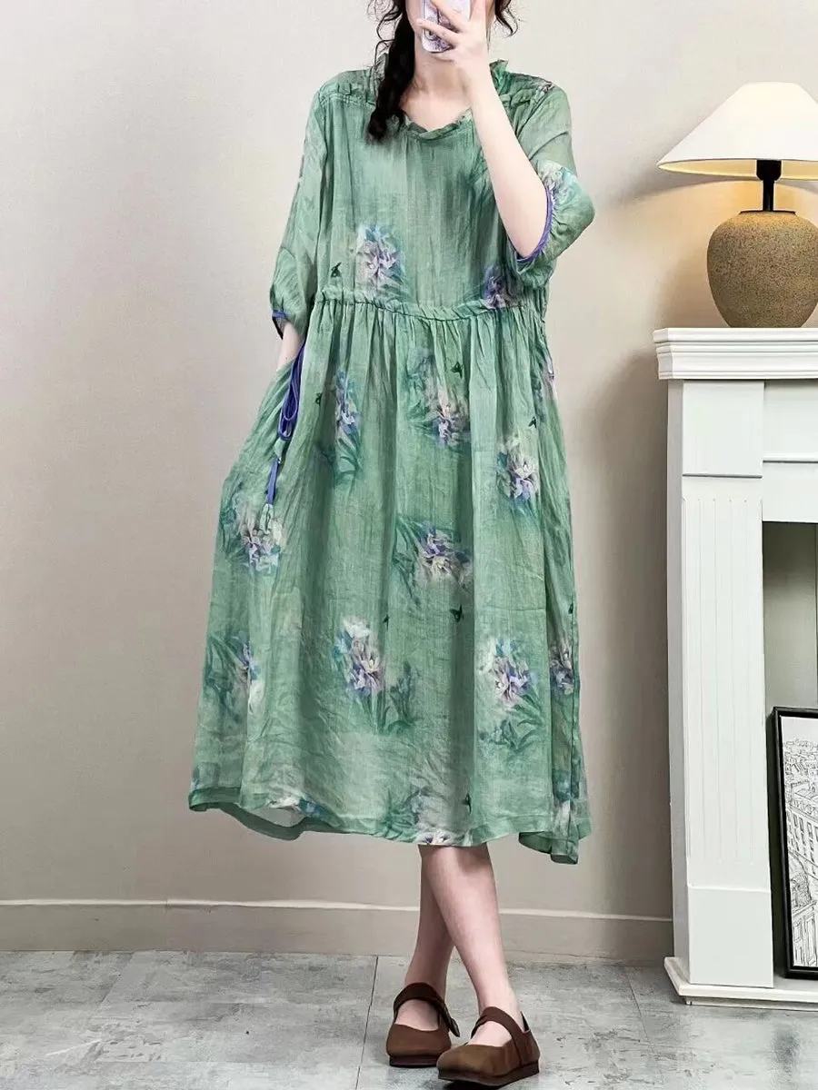 FLYTONN- Women Summer Vintage Floral Strap Ramie Dress IO1016