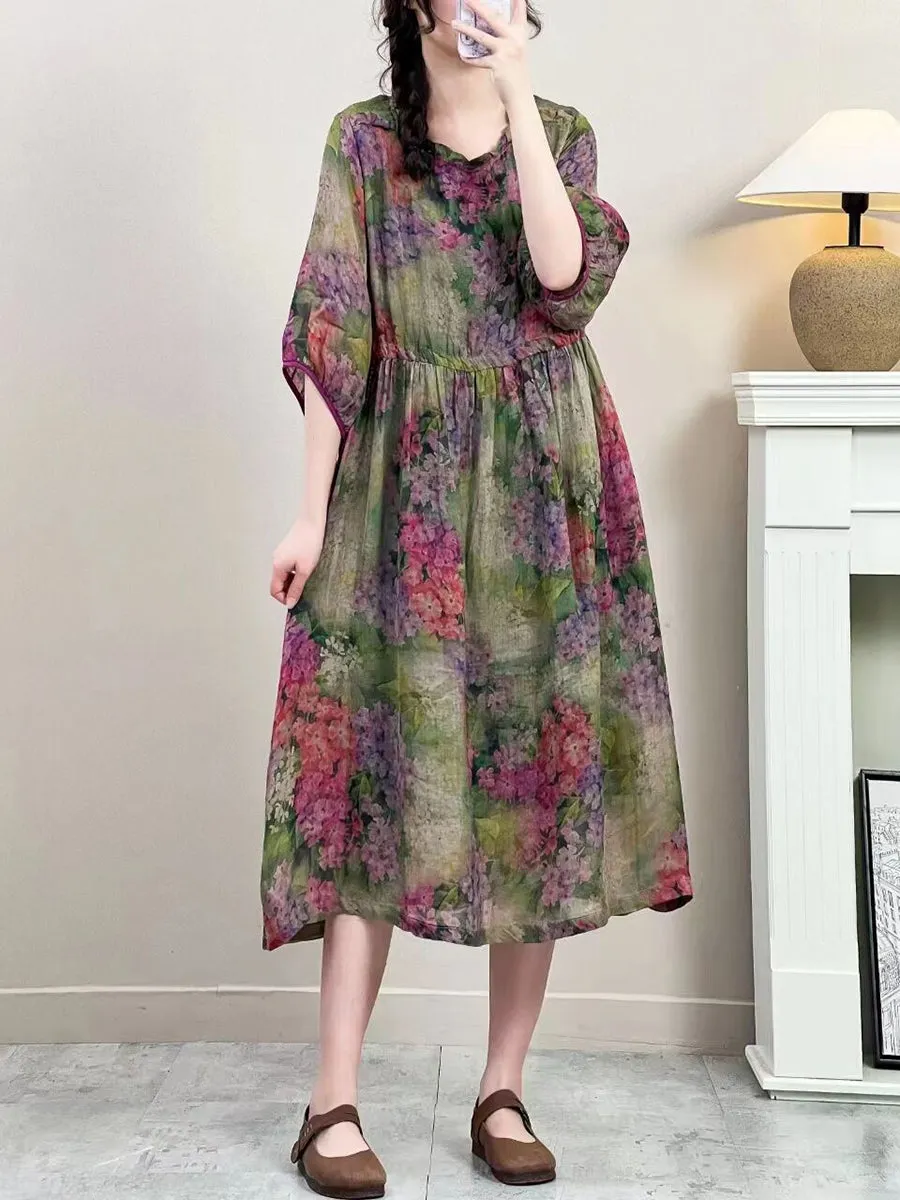FLYTONN- Women Summer Vintage Floral Strap Ramie Dress IO1016