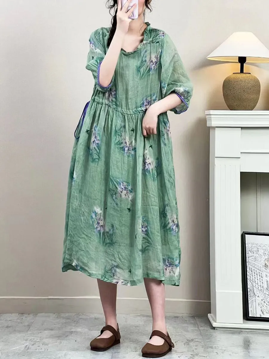 FLYTONN- Women Summer Vintage Floral Strap Ramie Dress IO1016