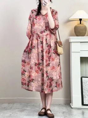 FLYTONN- Women Summer Vintage Floral Strap Ramie Dress IO1016