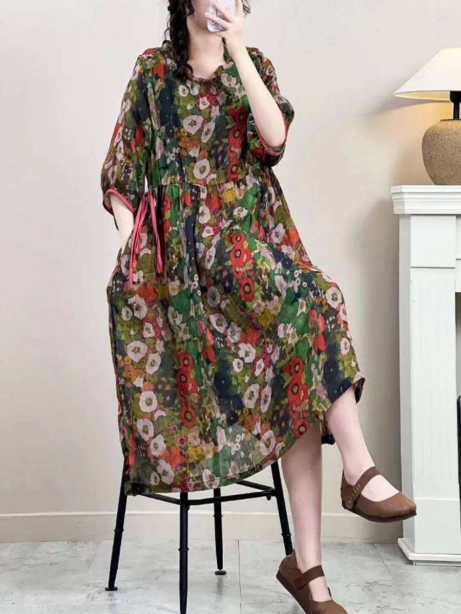 FLYTONN- Women Summer Vintage Floral Strap Ramie Dress IO1016