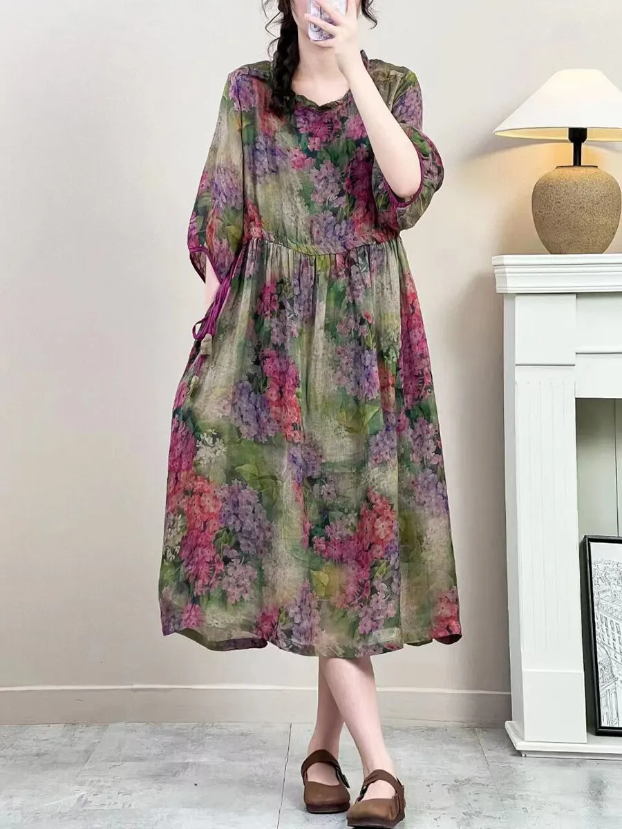 FLYTONN- Women Summer Vintage Floral Strap Ramie Dress IO1016