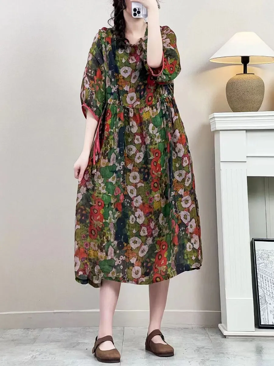 FLYTONN- Women Summer Vintage Floral Strap Ramie Dress IO1016