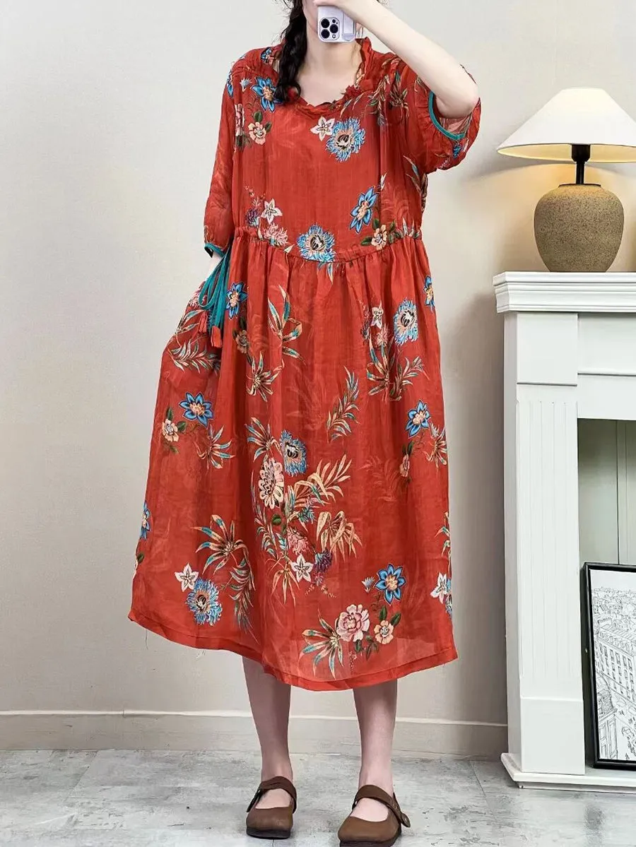 FLYTONN- Women Summer Vintage Floral Strap Ramie Dress IO1016