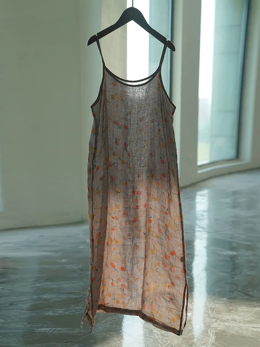 FLYTONN- Women Summer Vintage Floral Thin Ramie Vest Dress II1011