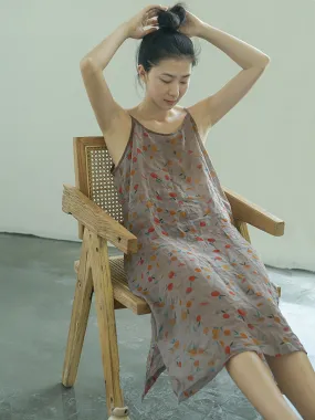FLYTONN- Women Summer Vintage Floral Thin Ramie Vest Dress II1011