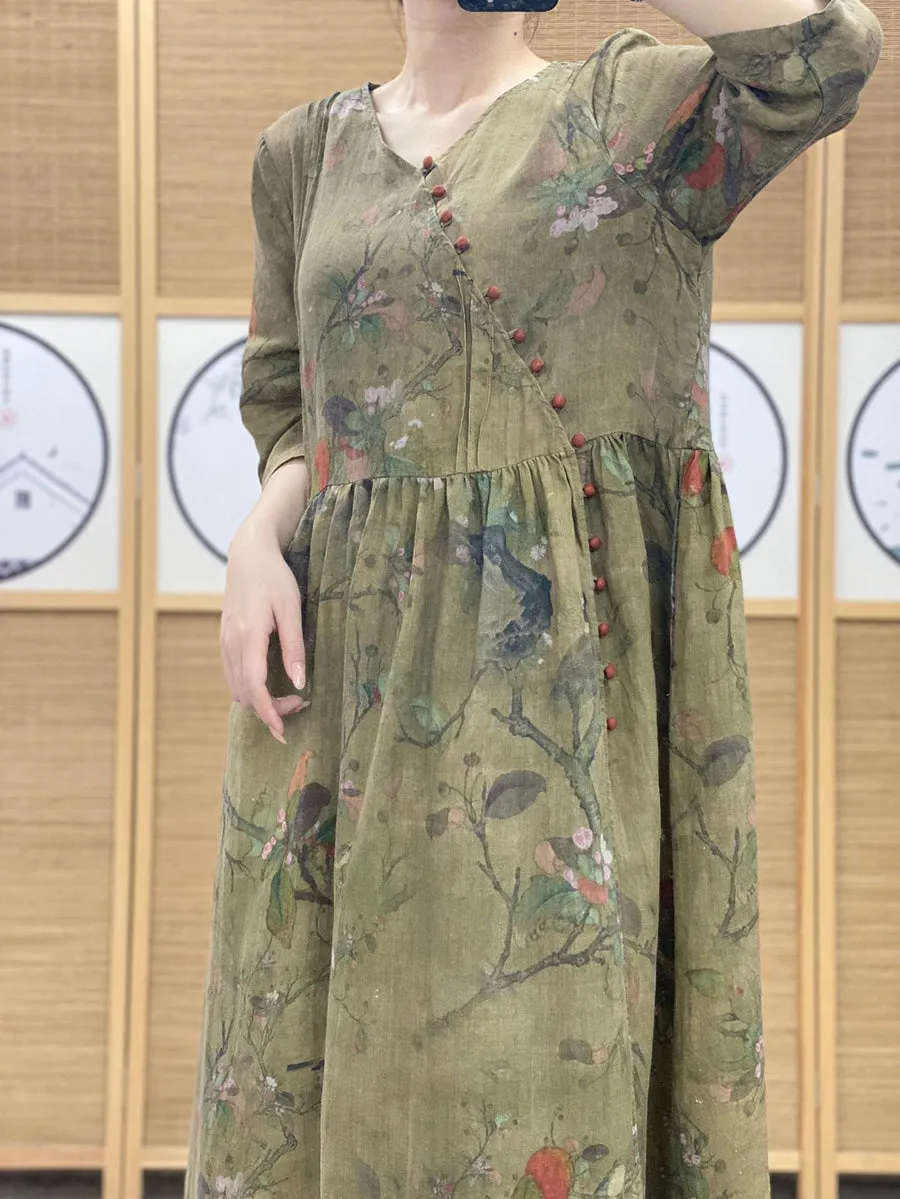 FLYTONN- Women Summer Vintage Floral V-Neck Ramie Dress OO1039