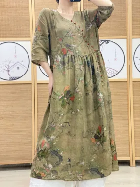 FLYTONN- Women Summer Vintage Floral V-Neck Ramie Dress OO1039