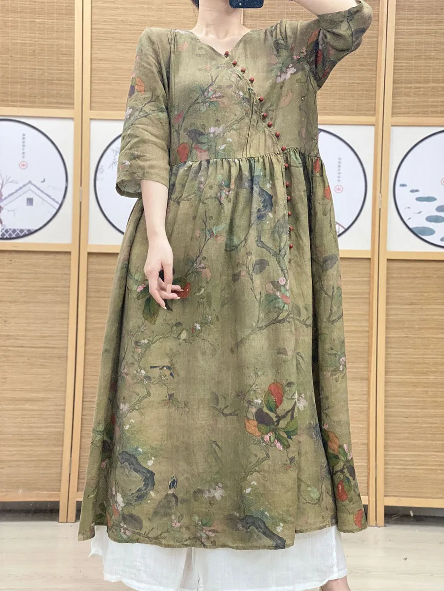 FLYTONN- Women Summer Vintage Floral V-Neck Ramie Dress OO1039