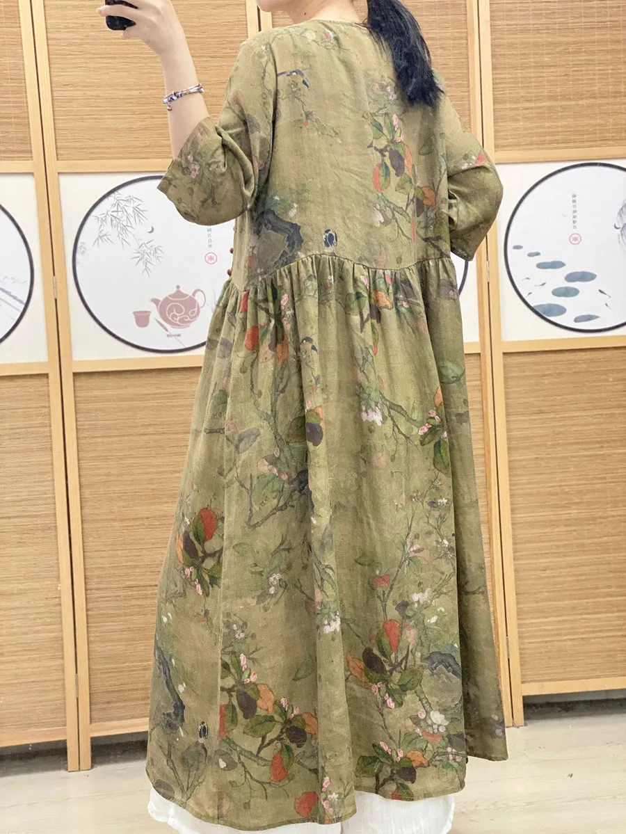 FLYTONN- Women Summer Vintage Floral V-Neck Ramie Dress OO1039