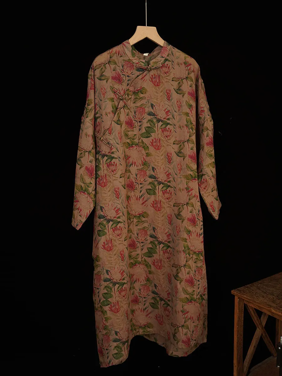 FLYTONN- Women Summer Vintage Flower Buckle Ramie Robe Dress IO1018
