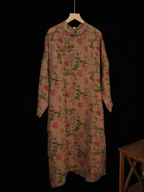 FLYTONN- Women Summer Vintage Flower Buckle Ramie Robe Dress IO1018