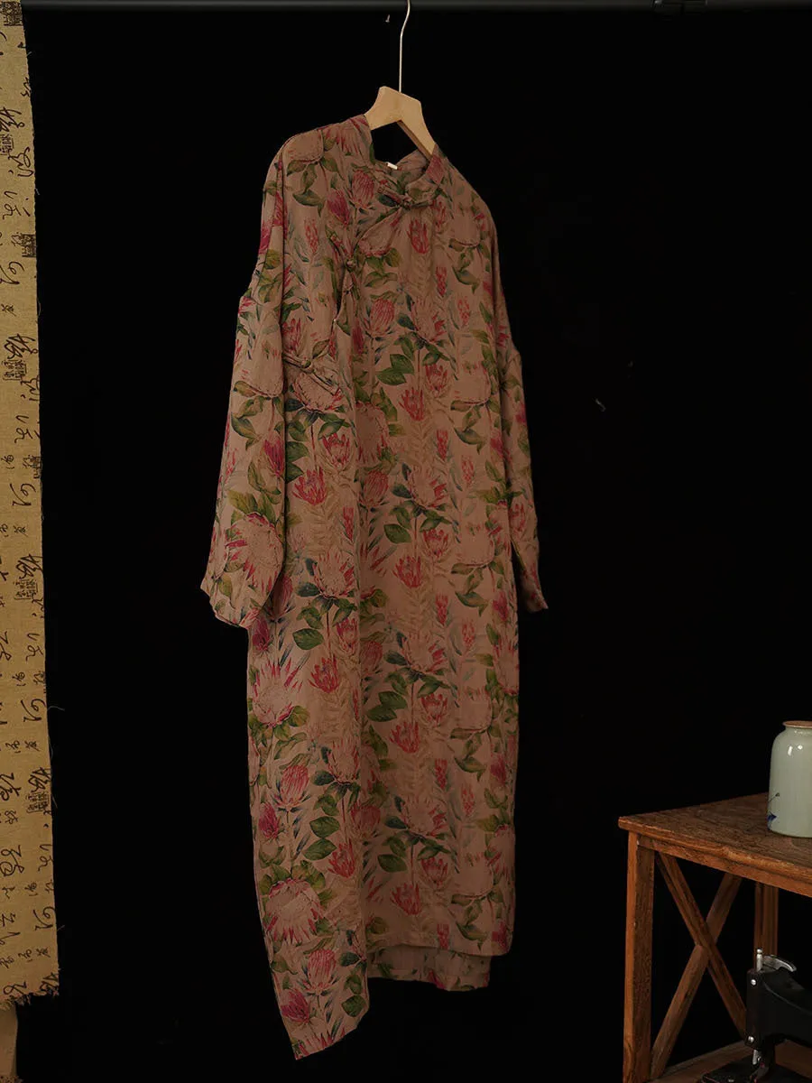 FLYTONN- Women Summer Vintage Flower Buckle Ramie Robe Dress IO1018
