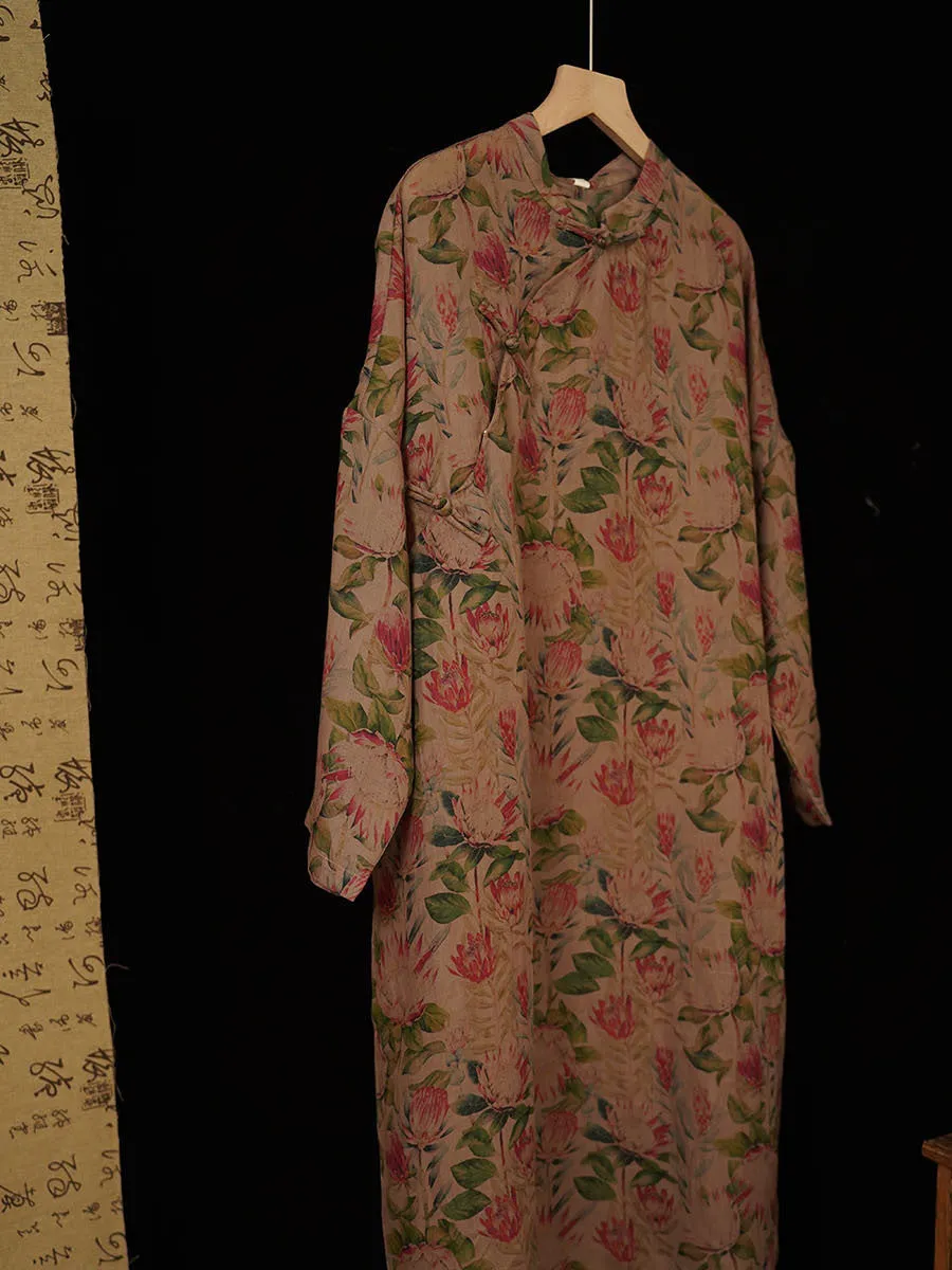 FLYTONN- Women Summer Vintage Flower Buckle Ramie Robe Dress IO1018