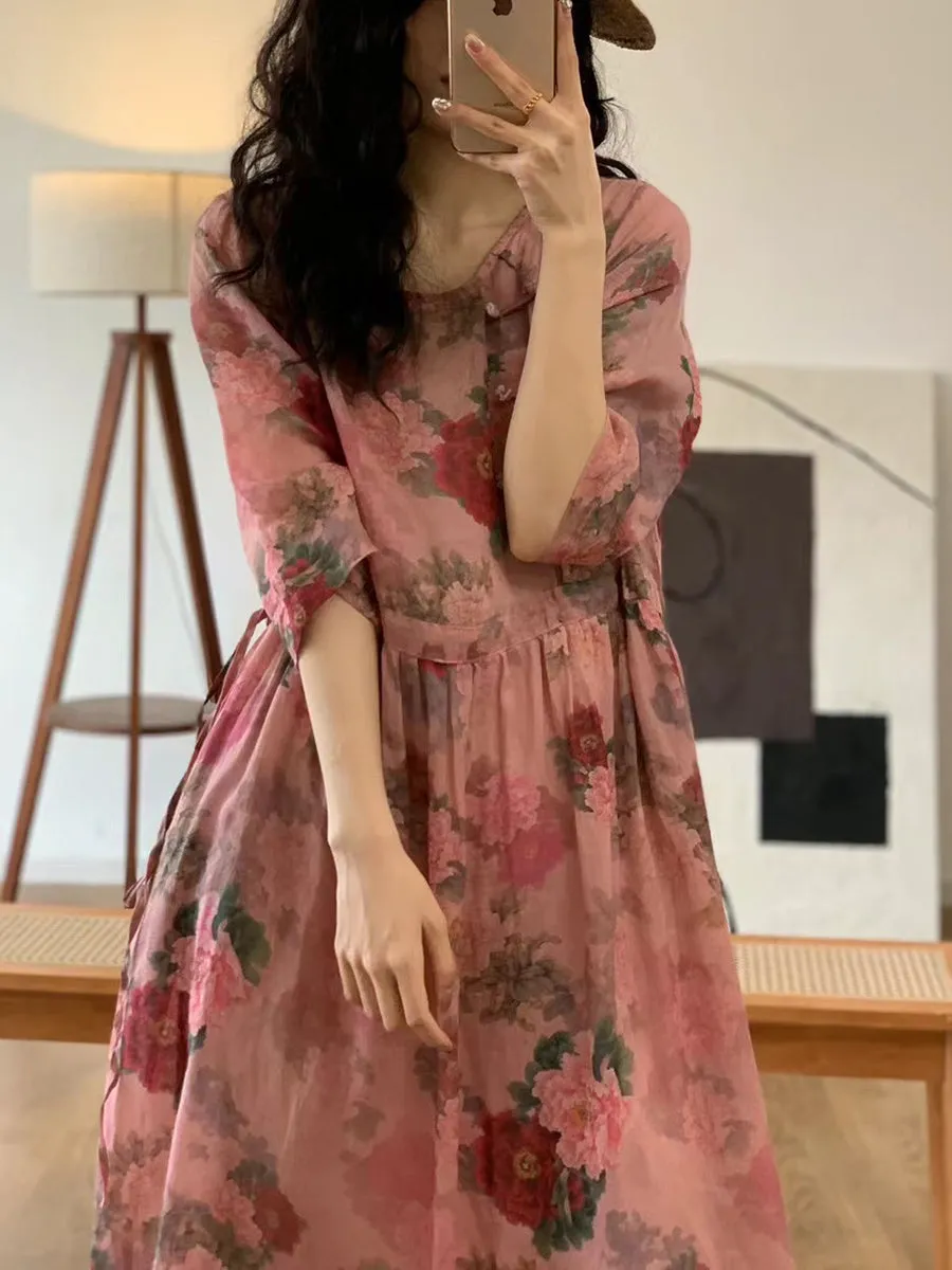 FLYTONN- Women Summer Vintage Flower O-Neck Ramie Dress OO1013
