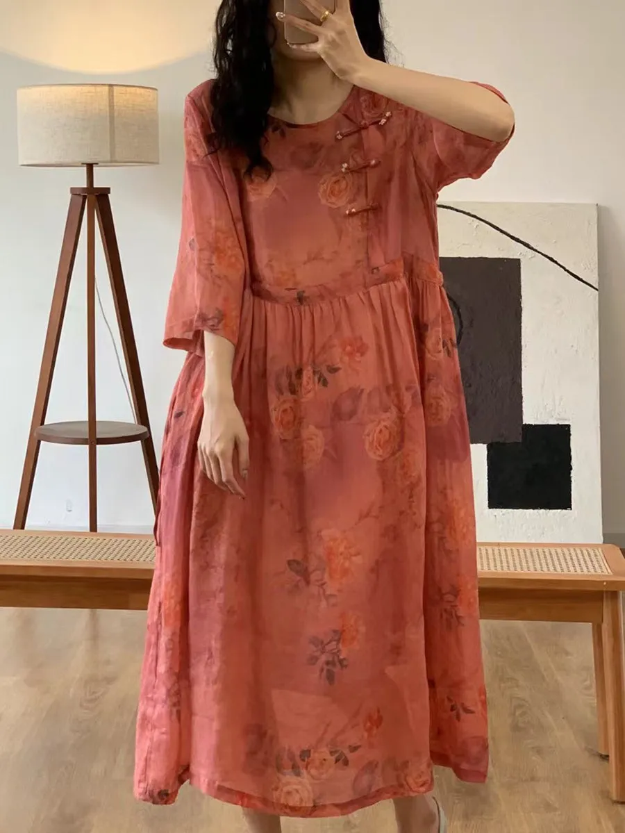 FLYTONN- Women Summer Vintage Flower O-Neck Ramie Dress OO1013