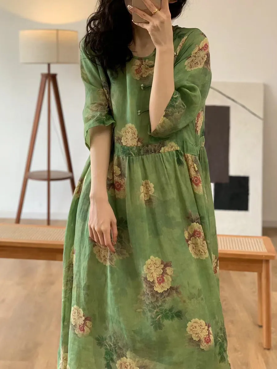 FLYTONN- Women Summer Vintage Flower O-Neck Ramie Dress OO1013