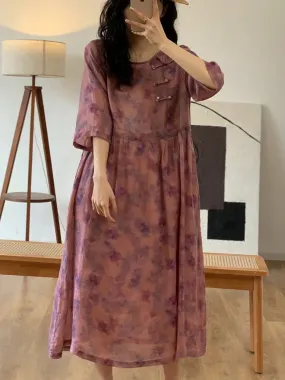 FLYTONN- Women Summer Vintage Flower O-Neck Ramie Dress OO1013