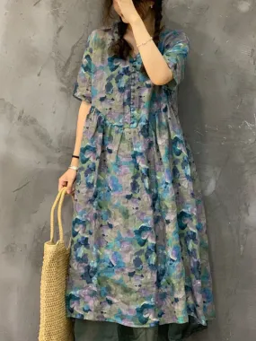 FLYTONN- Women Summer Vintage Flower Ramie Button Dress UI1002