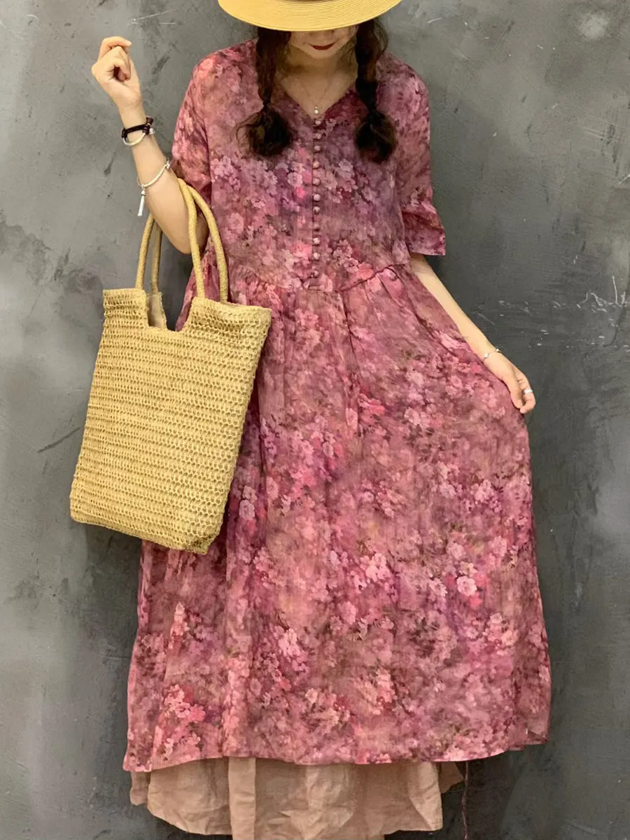 FLYTONN- Women Summer Vintage Flower Ramie Button Dress UI1002
