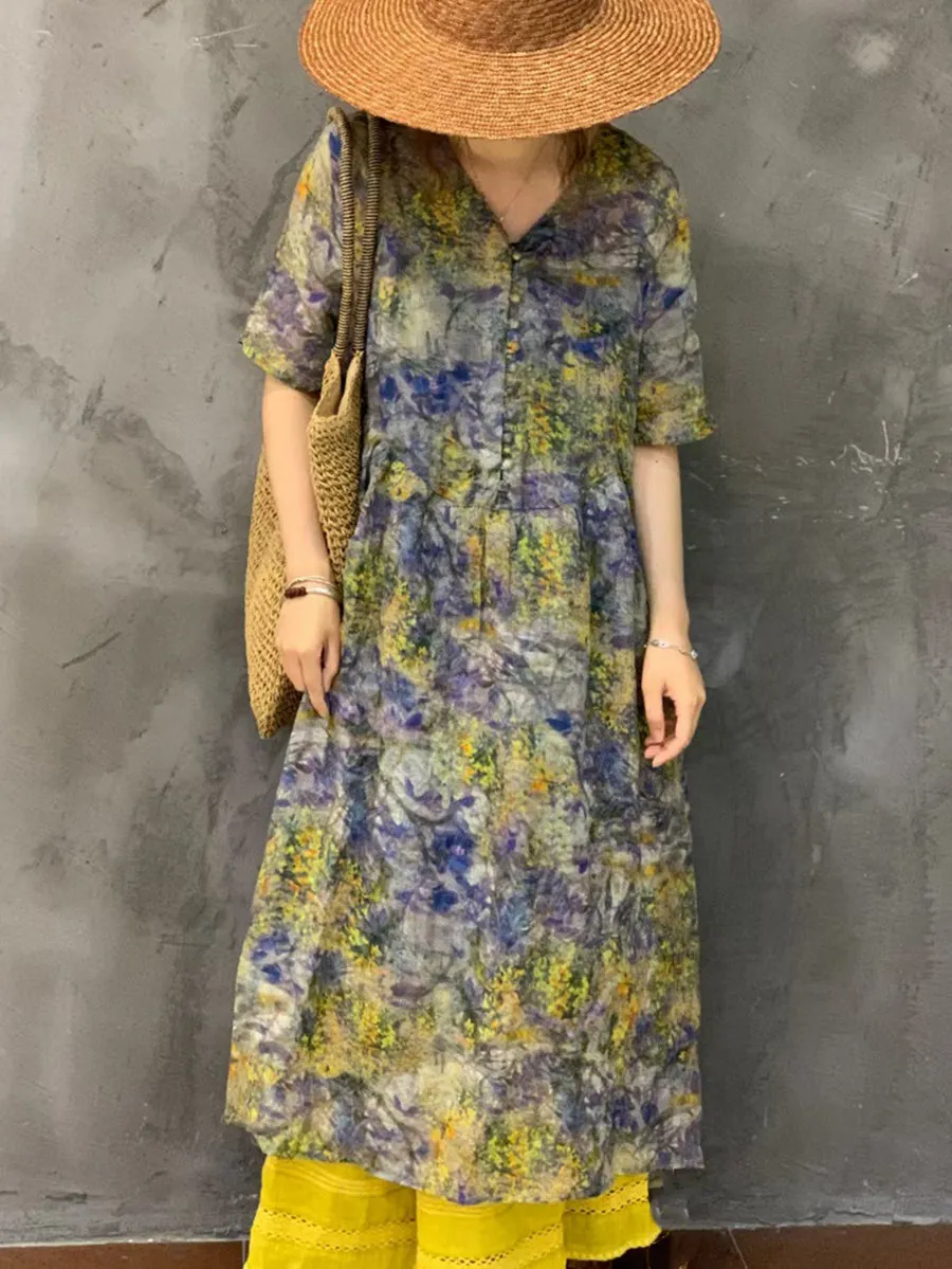 FLYTONN- Women Summer Vintage Flower Ramie Button Dress UI1002