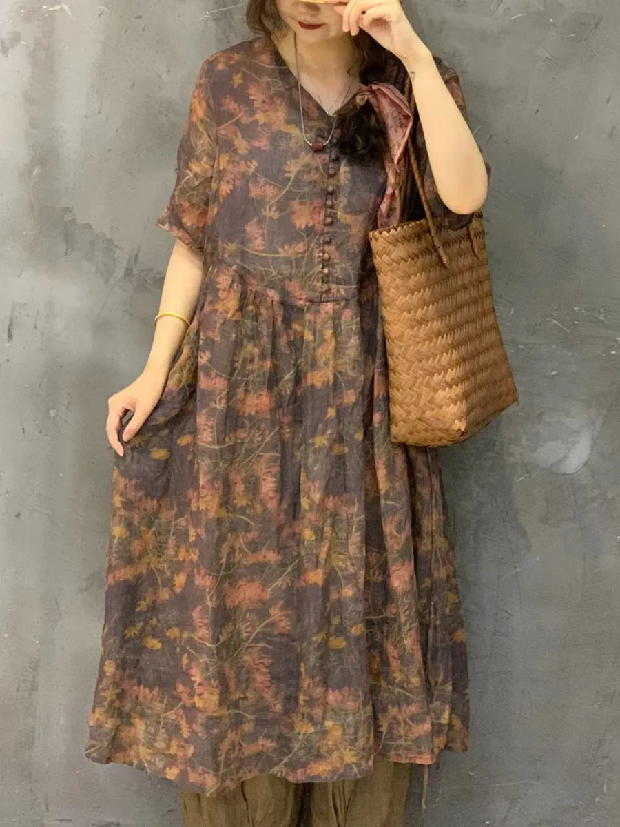 FLYTONN- Women Summer Vintage Flower Ramie Button Dress UI1002