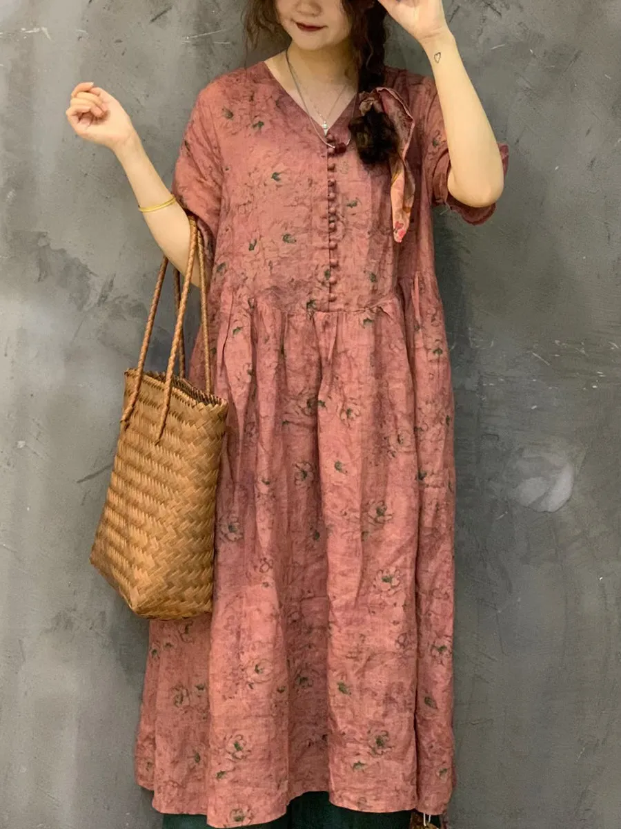 FLYTONN- Women Summer Vintage Flower Ramie Button Dress UI1002