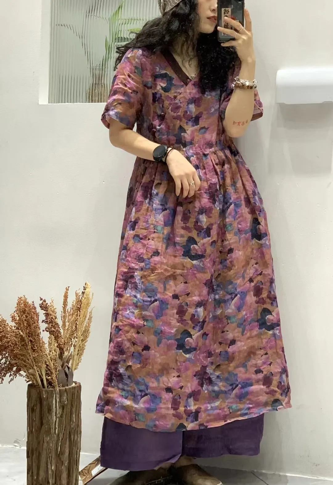 FLYTONN- Women Summer Vintage Flower Spliced Ramie Strap Dress WE1024