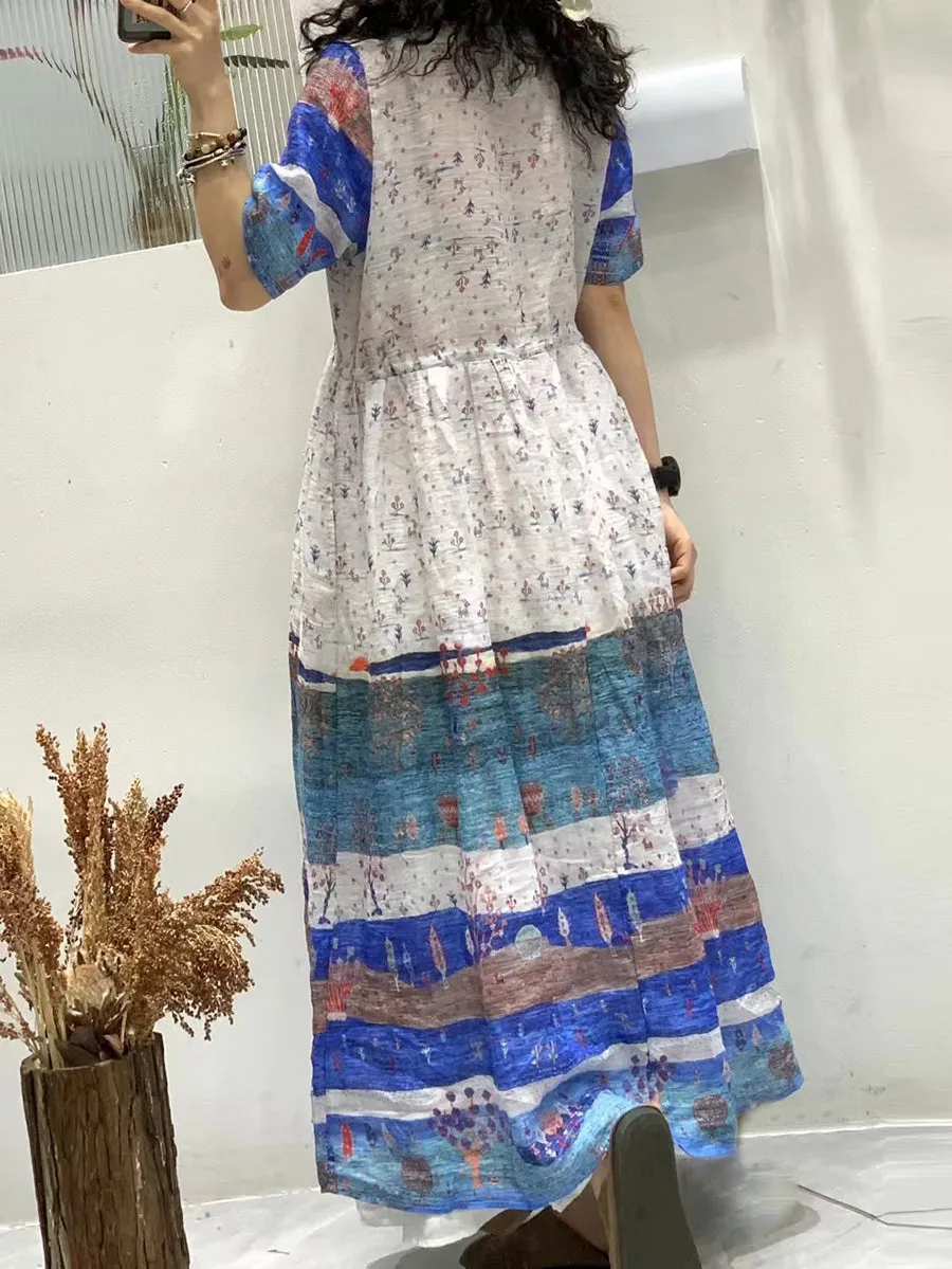 FLYTONN- Women Summer Vintage Flower Spliced Ramie Strap Dress WE1024