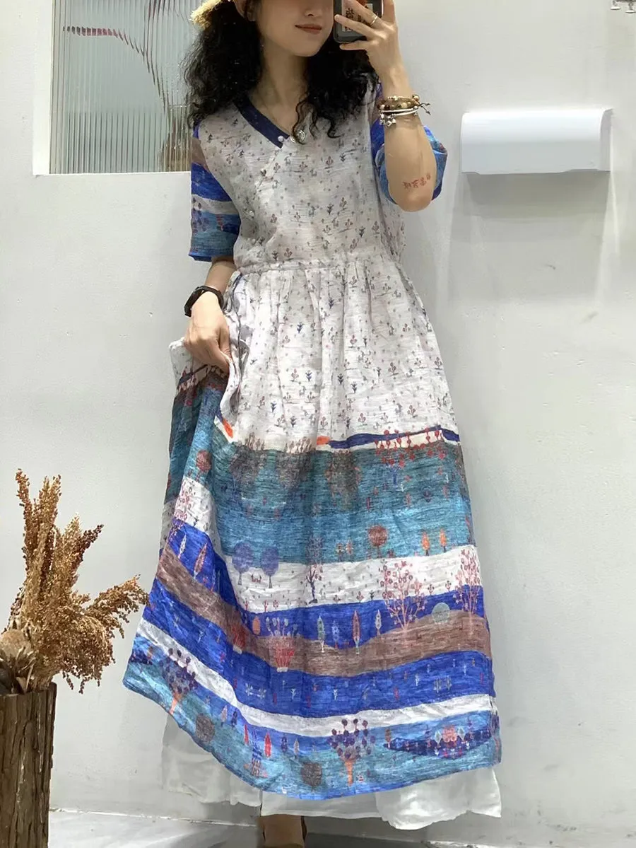 FLYTONN- Women Summer Vintage Flower Spliced Ramie Strap Dress WE1024