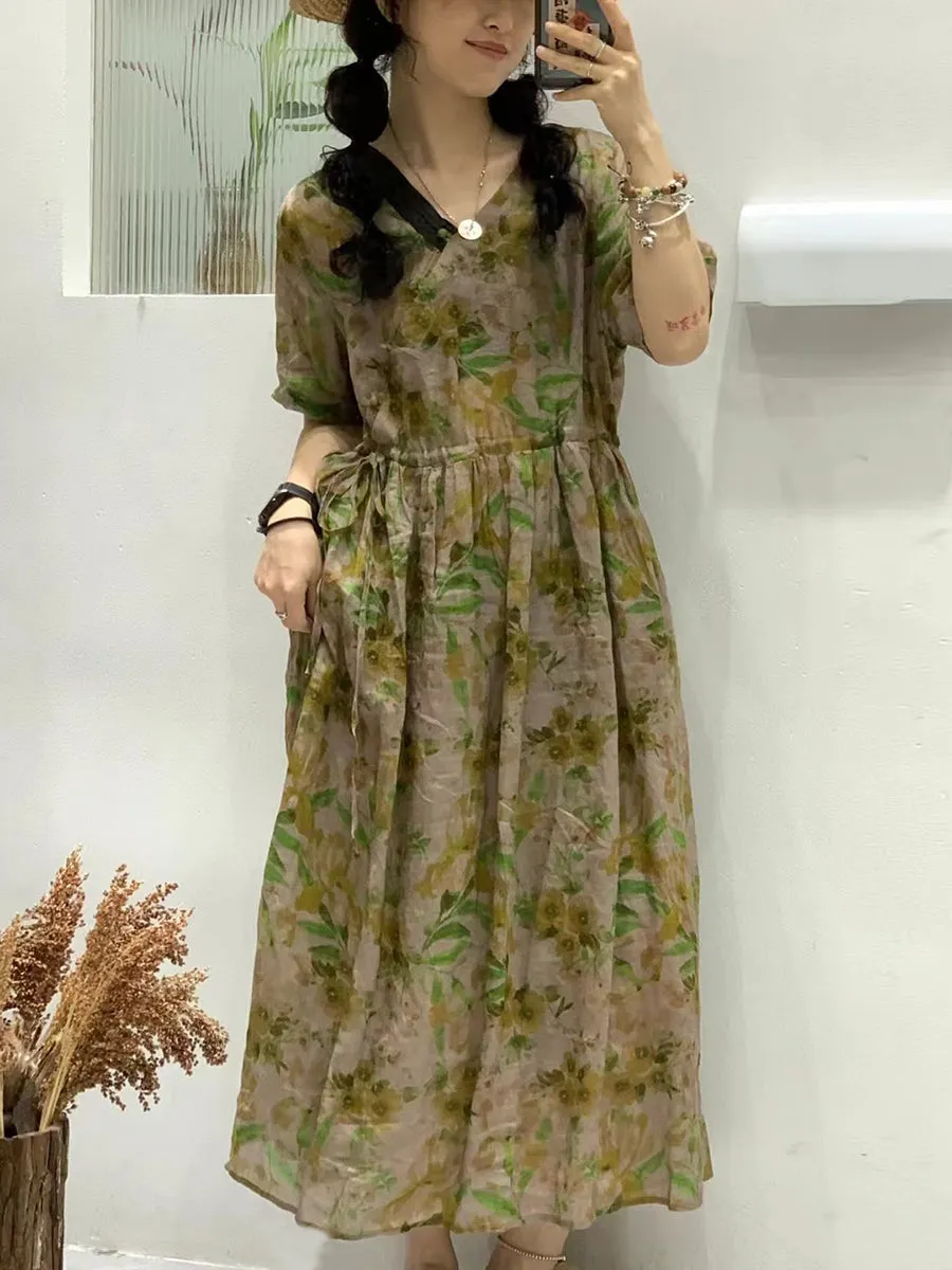 FLYTONN- Women Summer Vintage Flower Spliced Ramie Strap Dress WE1024