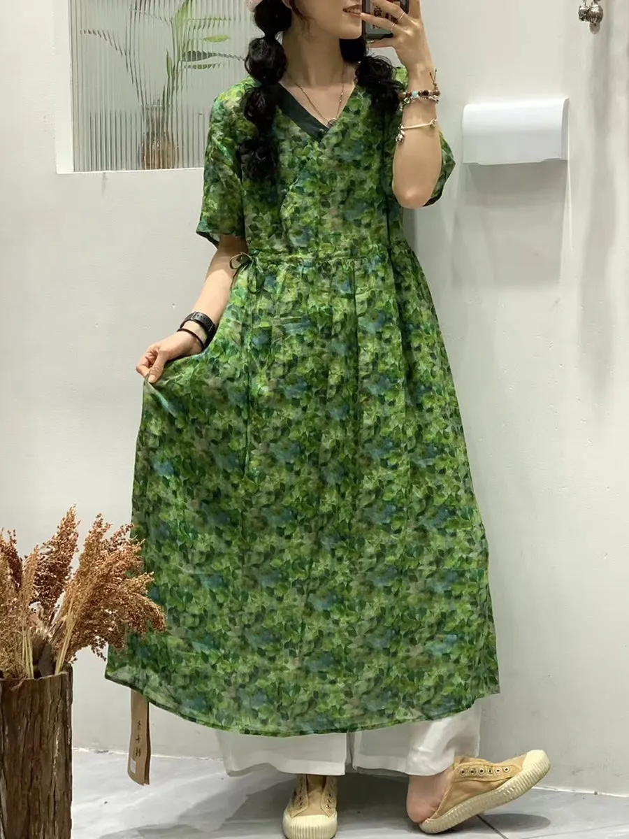 FLYTONN- Women Summer Vintage Flower Spliced Ramie Strap Dress WE1024