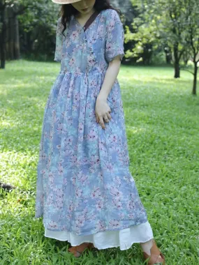 FLYTONN- Women Summer Vintage Flower Spliced Ramie Strap Dress WE1024
