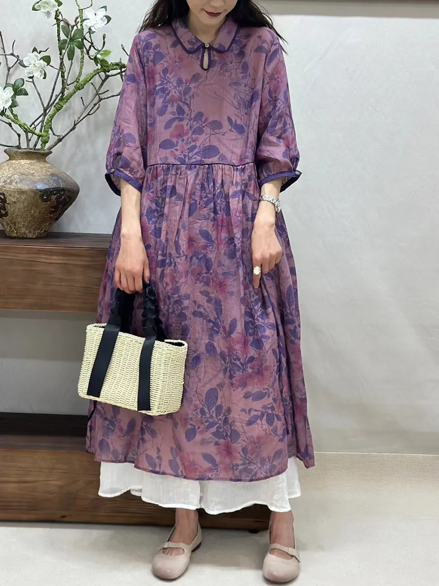 FLYTONN- Women Summer Vintage Flower Turn-down Collar Ramie Dress BN1027