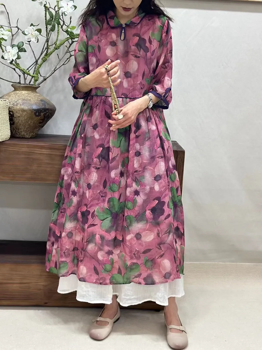FLYTONN- Women Summer Vintage Flower Turn-down Collar Ramie Dress BN1027