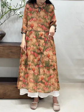FLYTONN- Women Summer Vintage Flower Turn-down Collar Ramie Dress BN1027
