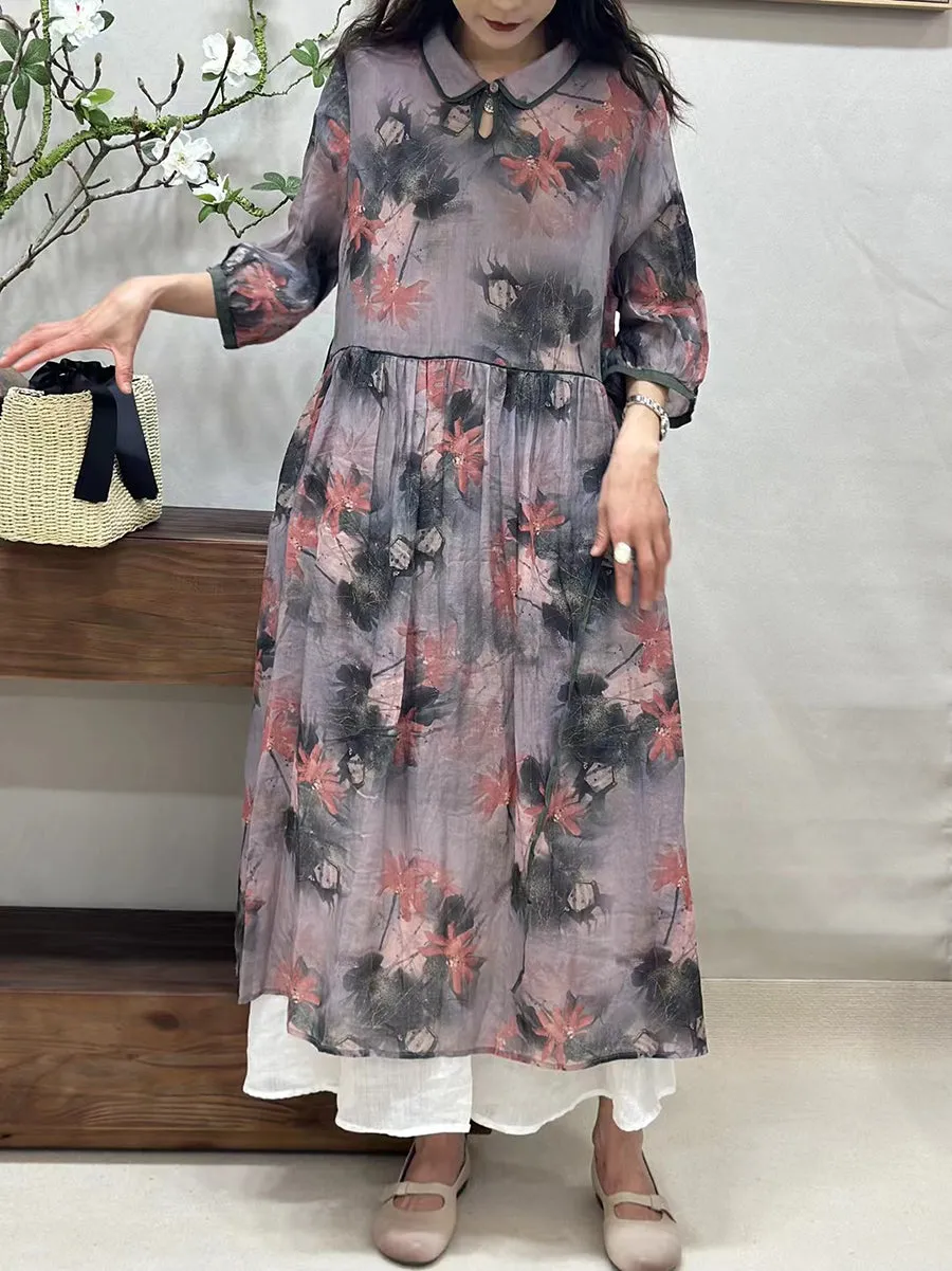 FLYTONN- Women Summer Vintage Flower Turn-down Collar Ramie Dress BN1027