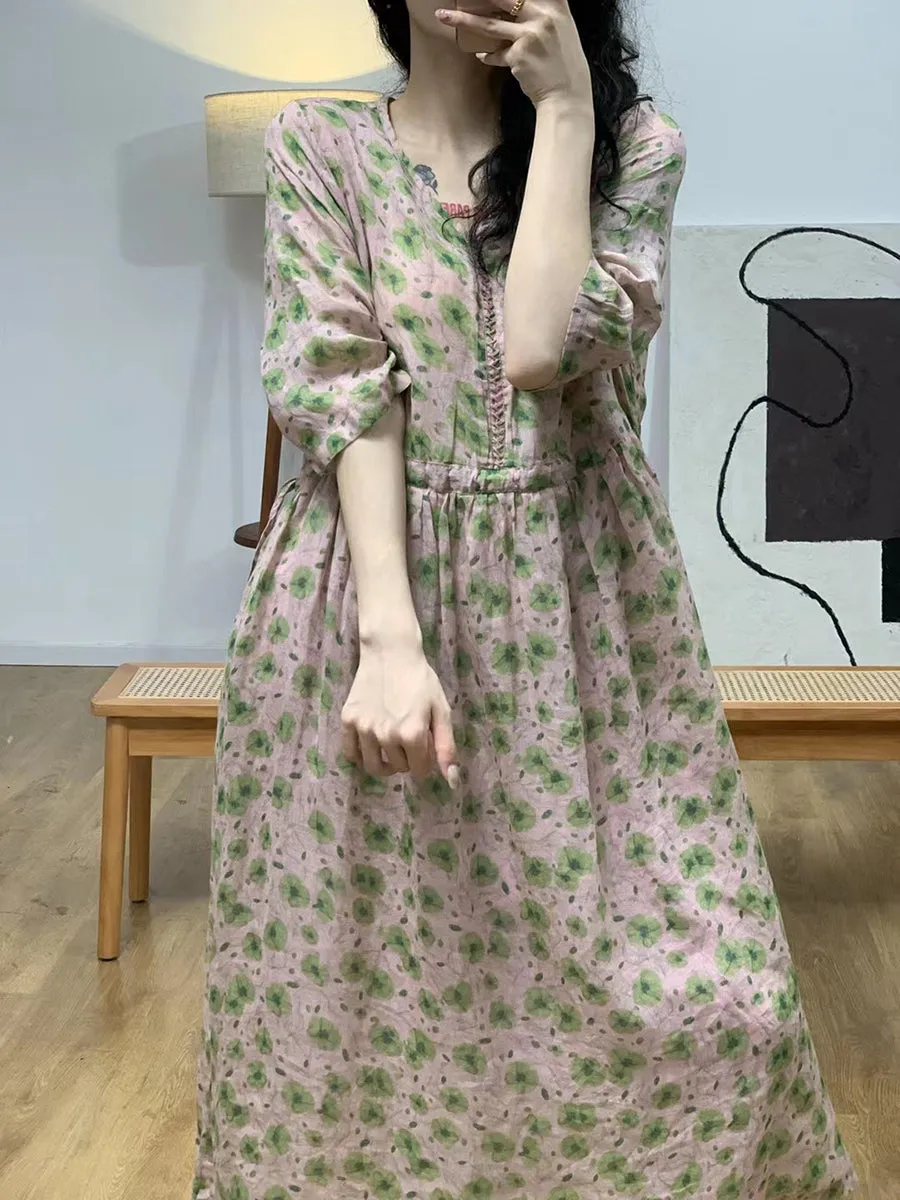 FLYTONN- Women Summer Vintage Flower V-Neck Ramie Dress II1007