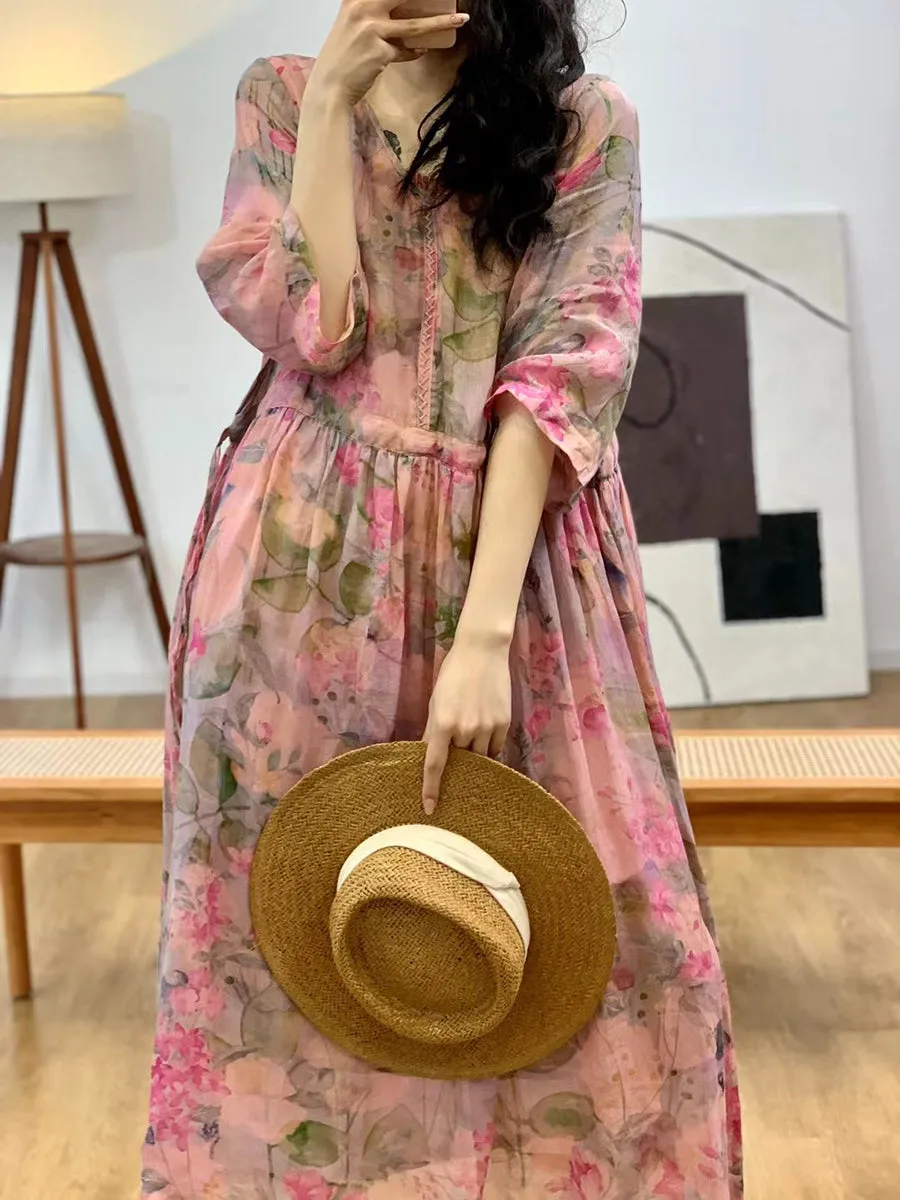 FLYTONN- Women Summer Vintage Flower V-Neck Ramie Dress II1007