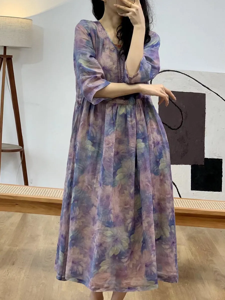 FLYTONN- Women Summer Vintage Flower V-Neck Ramie Dress II1007