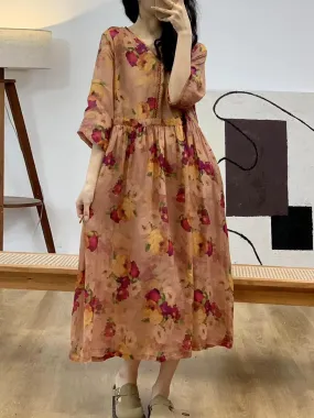 FLYTONN- Women Summer Vintage Flower V-Neck Ramie Dress II1007